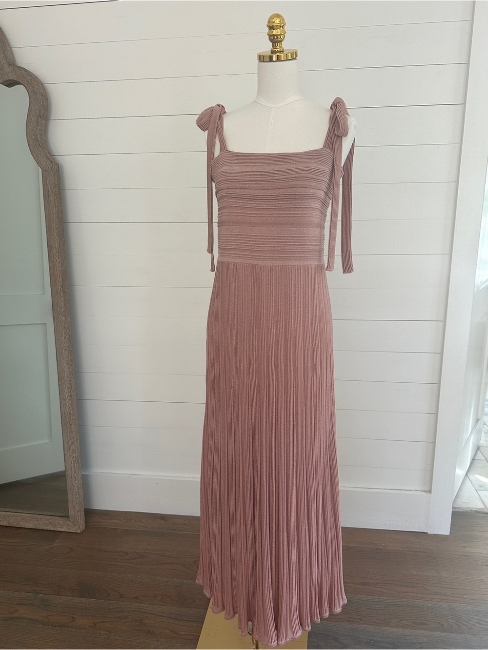 Zimmermann Rose-Pink Metallic Ribbed Tie-Shoulder Maxi Dress